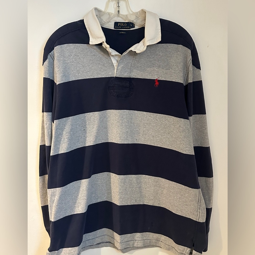 Polo by Ralph Lauren Men's vintage Blue and Gray Striped rugby sz Lg